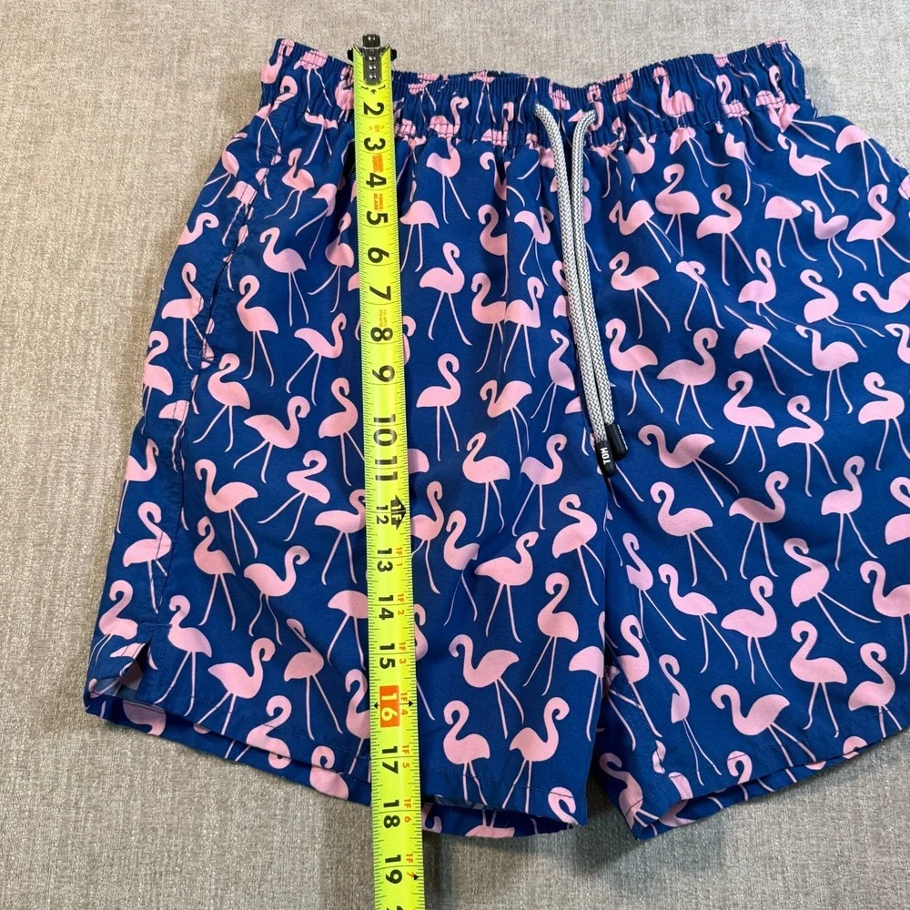 Tom & Teddy Men Swim Trunks Shorts w/Liner Sz M Blue Pink Flamingos 5.5